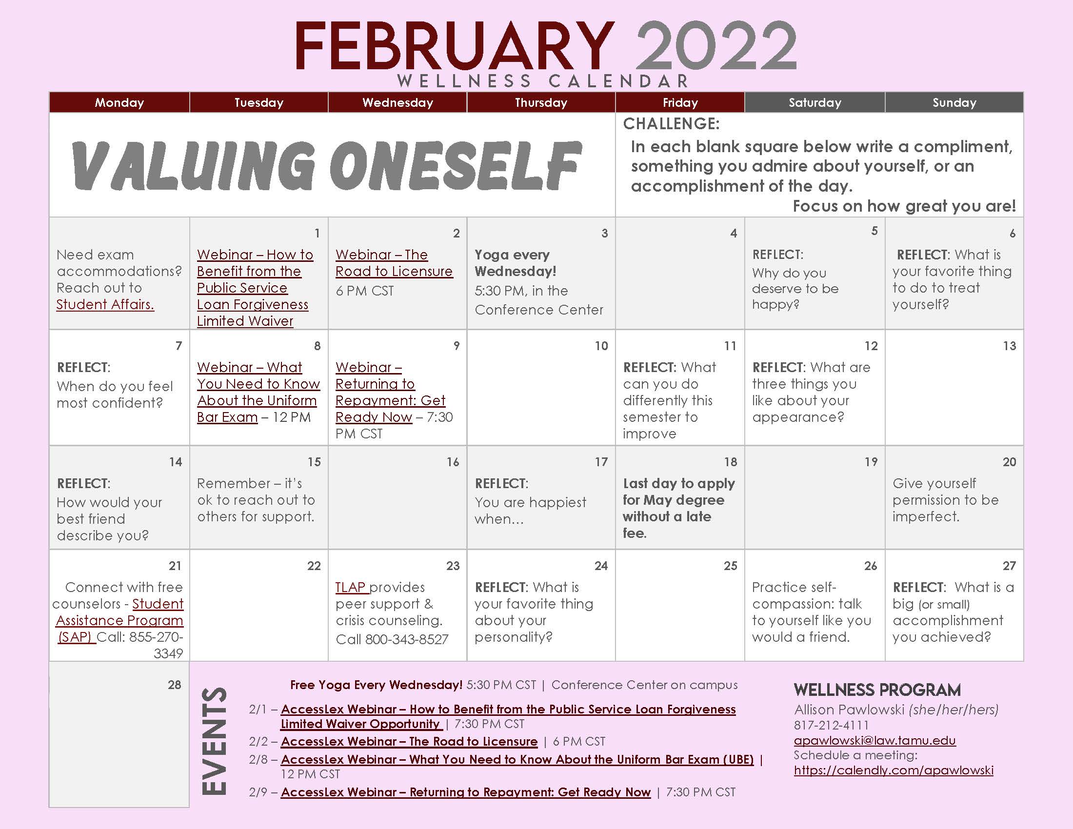 Tamu Calendar 2022 Wellness Calendars